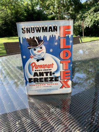 Vintage 1954 Flotex Anti Freeze Snowman Tin Can Litho Rare 1 Gallon Size