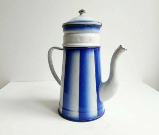 Vintage French Enamelware Coffee Pot In Blue Stripes