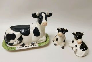 Vtg Land O’lakes Stoneware Pottery Cow Shaped Butter Dish Salt Pepper Shakers