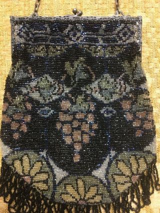 Antique Late 1800’s Micro Mosaic Beaded Purse With Jet Hanging Beads