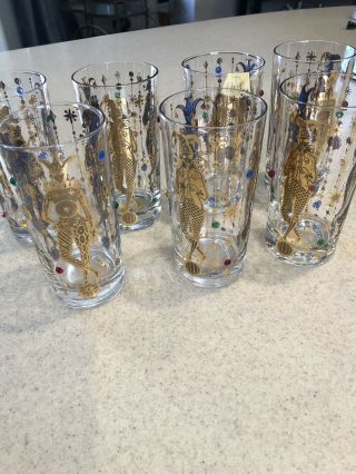 Vintage Culver 22k Gold Harlequin Mardi Gras Jester Set Of 7 Drinking Glasses