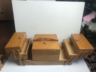 Vintage Wood Sewing Box W/ Handle Fold Out Organizer Made In Romania
