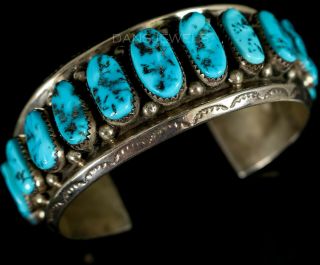 Heavy Mens Navajo Vintage Old Pawn Traditional Kingman Turquoise Row Bracelet
