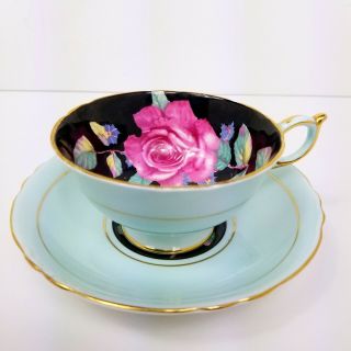 Paragon Light Blue Cup & Saucer Rose Tapestry Flowers On Black 1960s Vintage