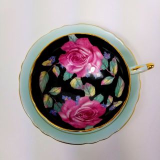 Paragon Light Blue Cup & Saucer Rose Tapestry Flowers On Black 1960s Vintage 2
