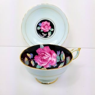 Paragon Light Blue Cup & Saucer Rose Tapestry Flowers On Black 1960s Vintage 3