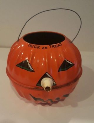 Vtg 40s Tin Trick Or Treat Pumpkin Us Metal Toy Halloween Jack Lantern