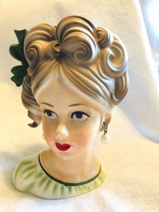 Vintage Inarco E3662 Young Lady Head Vase Emerald Green Attire W/ Faux Pearl