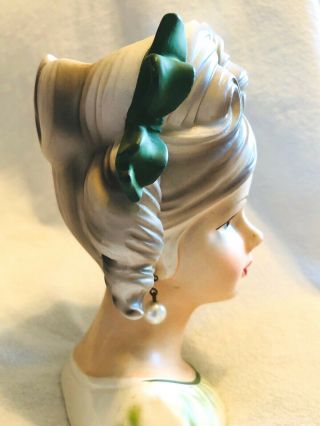 Vintage Inarco E3662 Young Lady Head Vase Emerald Green Attire w/ Faux Pearl 3