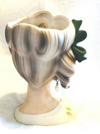 Vintage Inarco E3662 Young Lady Head Vase Emerald Green Attire w/ Faux Pearl 4