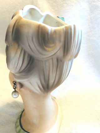 Vintage Inarco E3662 Young Lady Head Vase Emerald Green Attire w/ Faux Pearl 5