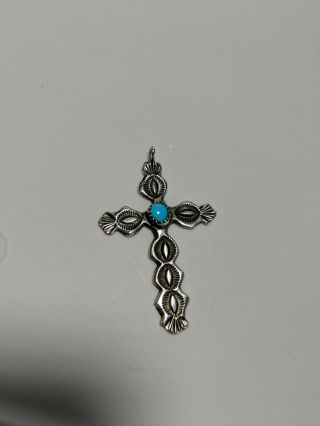 Vintage Native American Glen Sandoval Sterling Silver Turquoise Cross Pendant