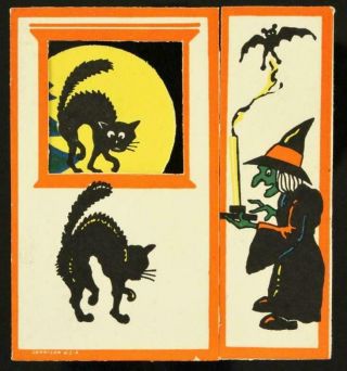 Vintage Halloween Greeting Card Invite Black Cat Witch & Bat Mary Lyon School