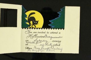 Vintage HALLOWEEN Greeting Card Invite Black Cat Witch & Bat Mary Lyon School 2