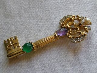 Large Vintage Jewelry Brooch Pin Signed Jomaz Key Rhinestones Jewels Costume