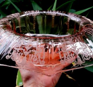 Vtg Cambridge Pink Cleo Decagon Console Bowl No.  855 Rolled Rim 13in D 3.  5in T