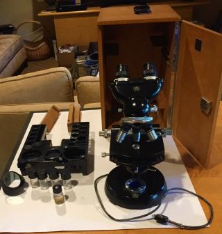 Vintage Carl Zeiss Wl Compound Binocular Microscope 3 Ziess Winkel Lenses,  Box