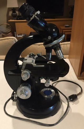 Vintage Carl Zeiss WL Compound Binocular Microscope 3 Ziess Winkel Lenses,  box 5