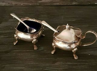 Silver Plated Salt,  Footed Mustard Pot With Blue Glass And Spoons L@@k