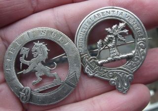 Two Antique Silver Scottish Clan Brooches Badges,  One 1891,  Tibi Soli