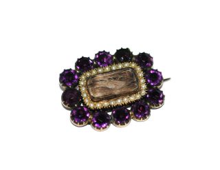 Georgian Rolled Gold Hair Natural Seed Pearl Amethyst Paste Mourning Brooch Pin