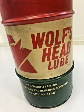 Vintage WOLF ' S HEAD LUBE BARREL industrial advertising oil trash can loft decor 3