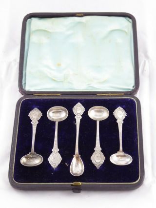 Rare Cased Set Of 4 Victorian Solid Sterling Silver Salt & Mustard Spoons 1888