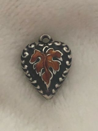 Rare Vintage Sterling Puffy Heart Charm With Orange Enamel Leaf