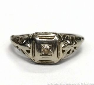 Antique 1920s 14k White Gold Filigree Diamond Ladies Art Deco Ring Size 6.  5