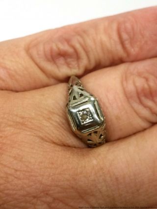 Antique 1920s 14K White Gold Filigree Diamond Ladies Art Deco Ring Size 6.  5 3