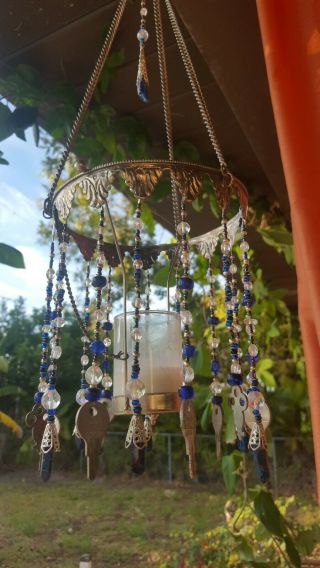 Blue Wind Chime - Handmade Vintage Wind Chime Sun Catcher - Glass Crystal Keys