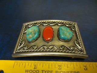 Sterling Silver Signed Turquoise And Coral Belt Buckle By Al Lee