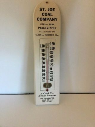St.  Joseph Mo.  Vintage St.  Joe Coal Company 11 - 1/2 " X 3 " Advertising Thermometer