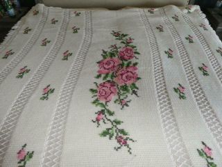 Vintage White Crochet Queen Size Bed Blanket Throw - Pink/red Roses