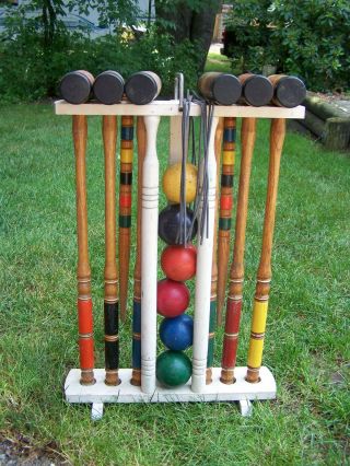 Vintage Wooden Croquet Set In Stand