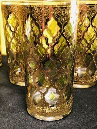 8 Vintage Culver LTD Valencia 22K Gold Green Diamond Iced Tea Glasses EXC 5 3/8 