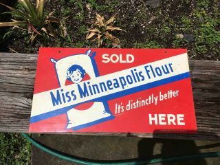 Vintage Miss Minneapolis Flour Here 2 Sided Hanging Advertising Store Sign