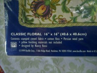 NANCY ROSSI Jacobean Floral Classic Pillow Vintage Bucilla CREWEL Embroidery KIT 6
