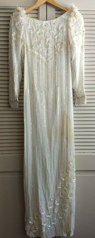 Vintage Wedding Gown Dress Size 6 Ivory Beaded Sequin Pearl Long Sleeve W/ Slit