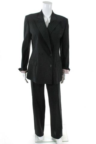 Gucci Womens Vintage Blazer Pants Suit Black White Striped Wool Size It 44