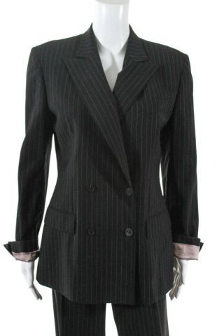Gucci Womens Vintage Blazer Pants Suit Black White Striped Wool Size IT 44 2