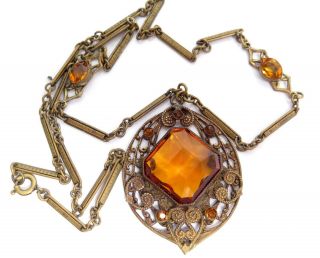 Gorgeous Vintage Art Deco Bezel Set Topaz Rhinestone Brass Filigree Necklace