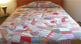 Vtg Hand Stitched Crazy Quilt Bedspread Quilt Feedsack Fabric Feather Stitching