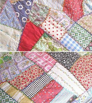 VTG HAND STITCHED CRAZY QUILT BEDSPREAD QUILT FEEDSACK FABRIC FEATHER STITCHING 2