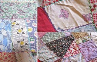 VTG HAND STITCHED CRAZY QUILT BEDSPREAD QUILT FEEDSACK FABRIC FEATHER STITCHING 4