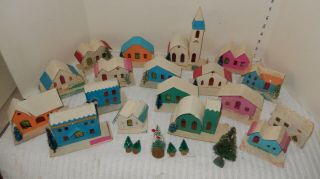 18 Vintage 1959 Christmas Putz Japan Cardboard Houses Churches Mica Glitter