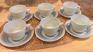 Vintage Macbeth Evans Petalware Cremex Cups & Saucers (6) - Pastel Stripe Glass