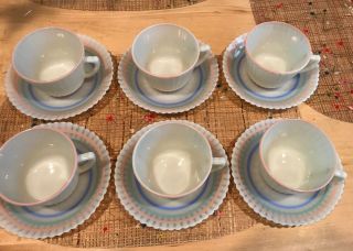 Vintage MacBeth Evans Petalware Cremex Cups & Saucers (6) - Pastel Stripe Glass 2
