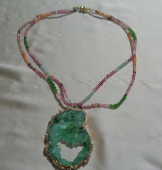 Vintage Tourmaline Double Strand Necklace W,  Geode Large 2 " Pendant