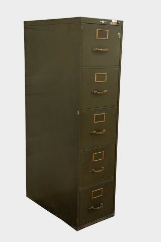 Vintage Art Metal 5 Drawer Legal File Cabinet - Brass Hardware - Army Green - Ny